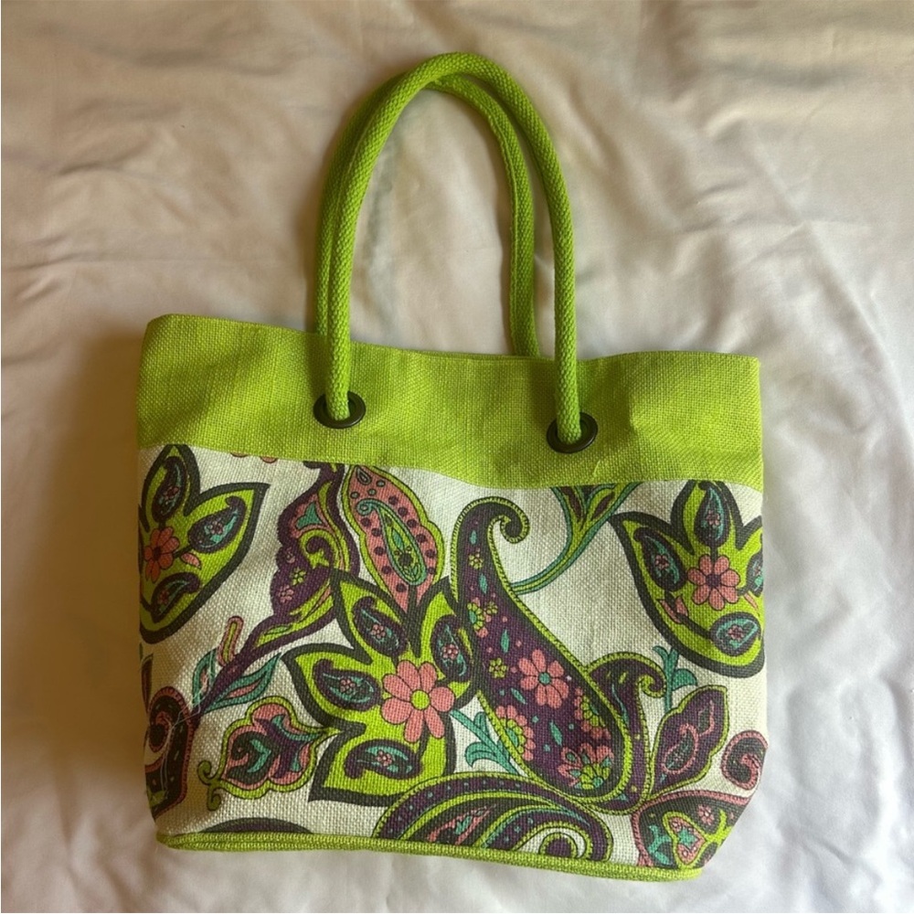 Green Paisley Print Tote Bag – Rope Handle – One Size